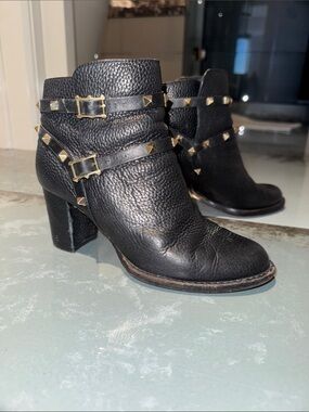Valentino Garavani Black Leather Studded Ankle Boots with Gold Accents